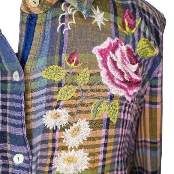 Johnny Was Workshop Plaid Embroidered Button Down Shirt Boho Floral Stars Sz S - Picture 5 of 13
